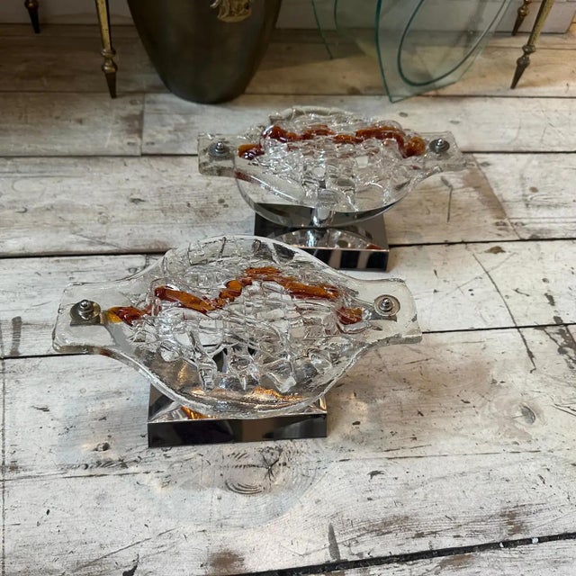 Mid-Century Modern Set of Two 1970s Space Age Clear and Brown Murano Glass Wall Sconces by Mazzega For Sale - Image 3 of 10