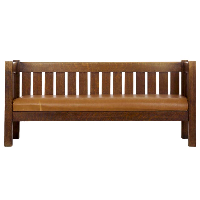 Arts Crafts Mission Oak And Leather Hall Settle Settee Sofa