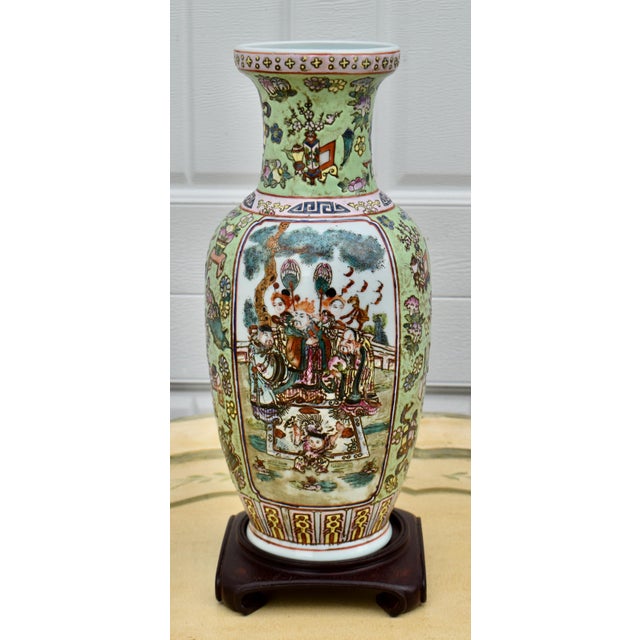 Vtg. Figural Raised Painted Chinese Vase W/Rosewood Stand For Sale - Image 9 of 15
