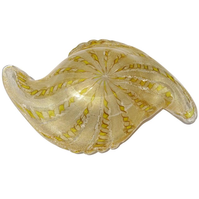 Gold Murano Fratelli Toso Yellow White Twisting Ribbons Gold Flecks Vintage Italian Art Glass Decorative Bowl For Sale - Image 8 of 9