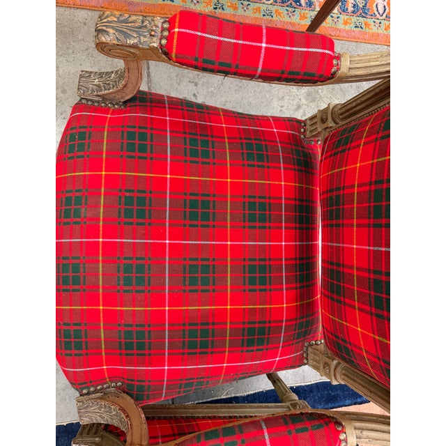 19th Century Pair Antique Carved Red Tartan Arm Chairs For Sale - Image 5 of 10