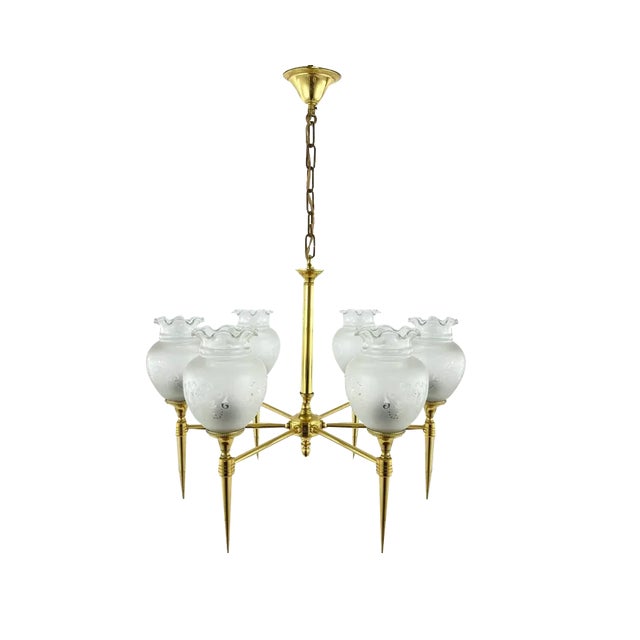 Vintage Brass and Frosted Glass Chandelier, France, 1970s For Sale