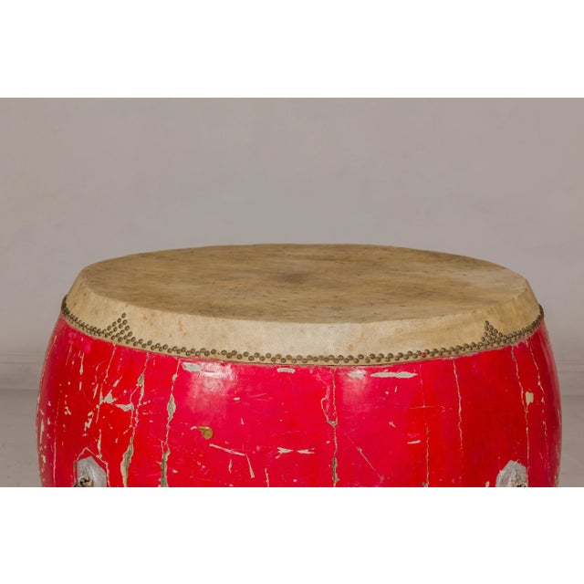 Red Lacquered Qing Dynasty Opera Drum End Table with Hide Top and Brass Studs For Sale - Image 11 of 11
