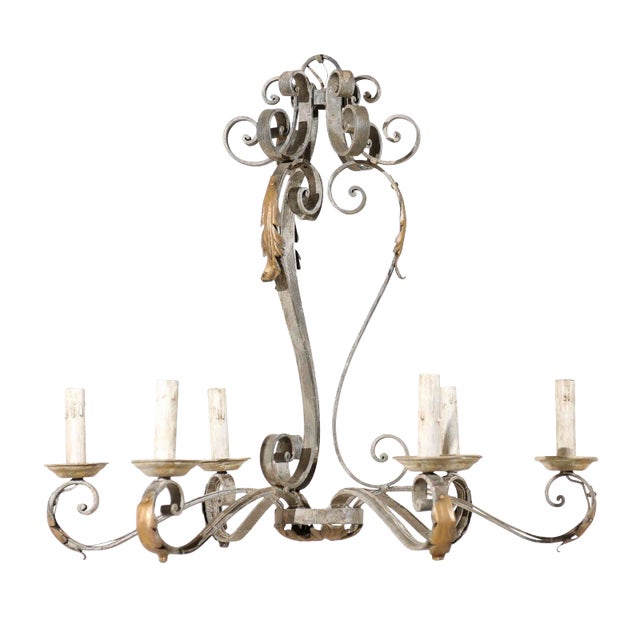 French Painted Iron Six-Light Chandelier With Gilded Acanthus Leaves For Sale