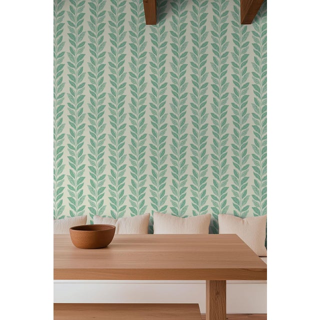 Traditional Garden Leaf Stripe Grasscloth Wallpaper by House Party | Sage & Mint Green | 6 Yards For Sale - Image 3 of 6
