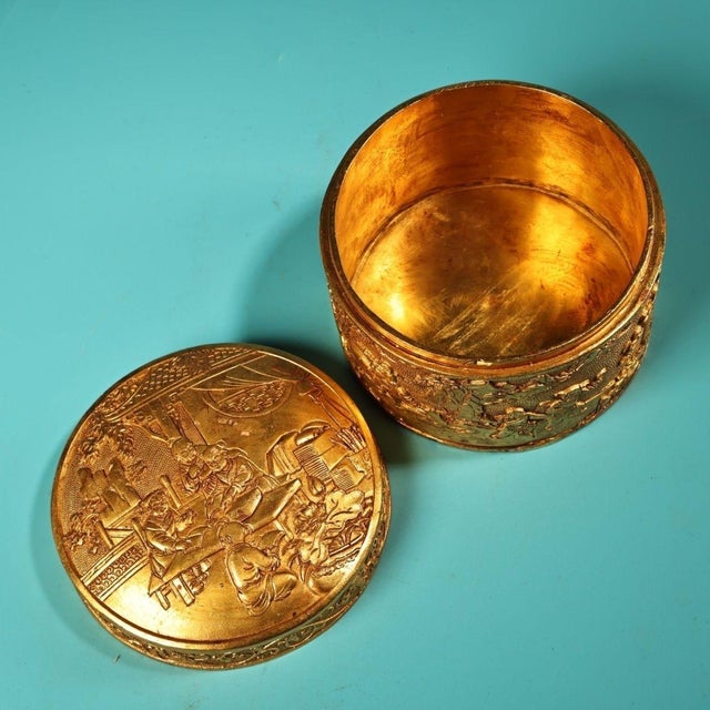 Traditional Vintage Gilt Bronze Round Trinket Box With Figural Scene For Sale - Image 3 of 7