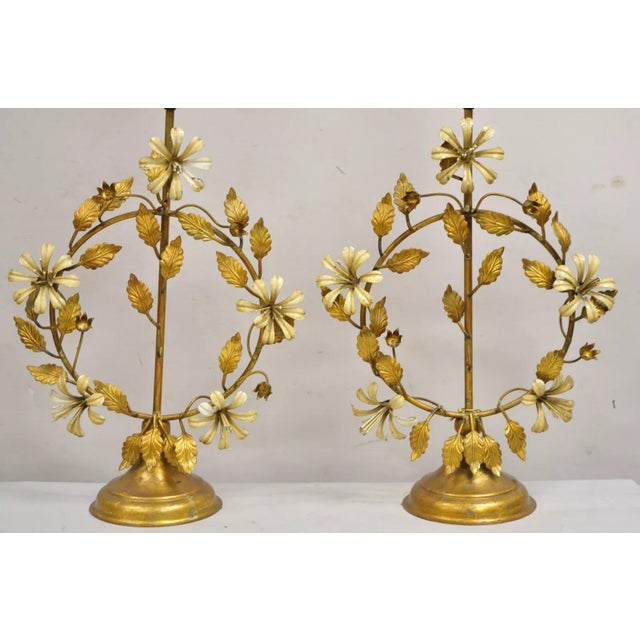 Hollywood Regency Vintage Italian Hollywood Regency Gold Gilt Iron Tole Metal Table Lamps - A Pair For Sale - Image 3 of 12