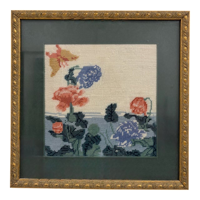 Vintage Framed Floral Needlepoint After Hokusai – Poppies and Butterfly For Sale
