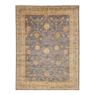 Modern Khotan Style Rug Hand-Knotted Wool Pomegranate Design in Charcoal & Ochre For Sale