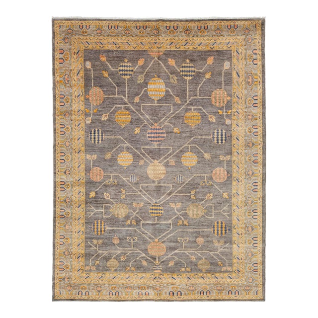 Modern Khotan Style Rug Hand-Knotted Wool Pomegranate Design in Charcoal & Ochre For Sale