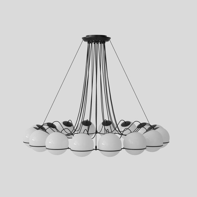 Model 2109 design by gino sarfatti the le sfere chandelier is composed of a circular array of blown opaline glass spheres....