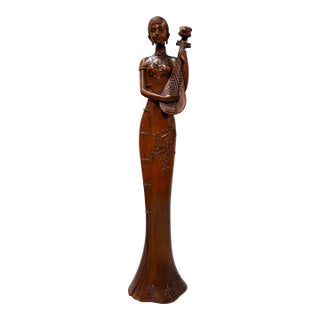 Oriental Brown Wood Carved Slim Artistic Holding Pipa Lady Figure For Sale