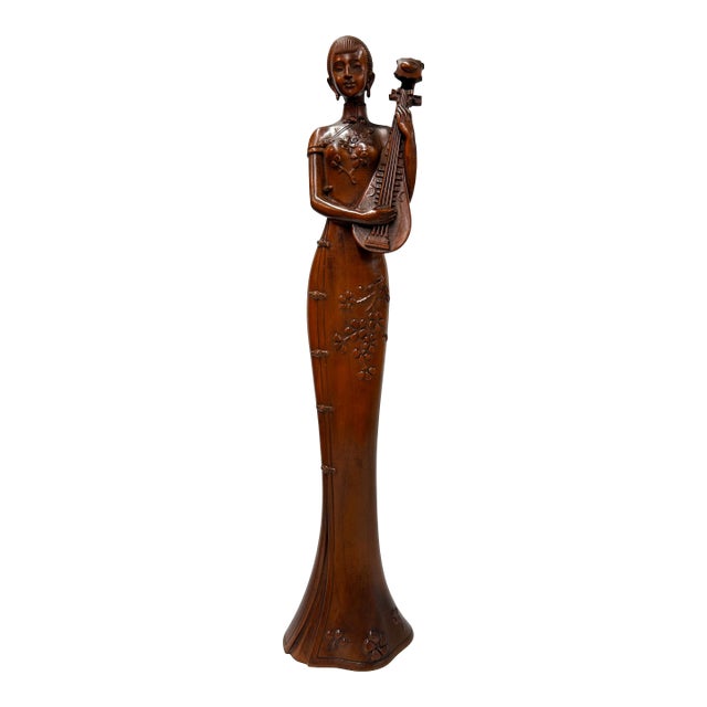 Oriental Brown Wood Carved Slim Artistic Holding Pipa Lady Figure For Sale