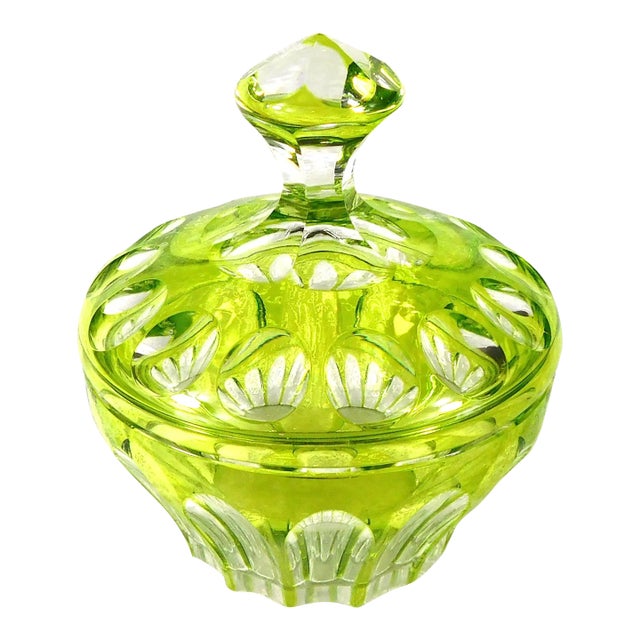 1940s Contemporary Light Green Cut to Clear Covered Serving Bowl For Sale