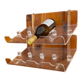 Vintage Lucite and Wood Wine Rack, 1980s Modern Minimalist 8 Bottle Bar Display For Sale