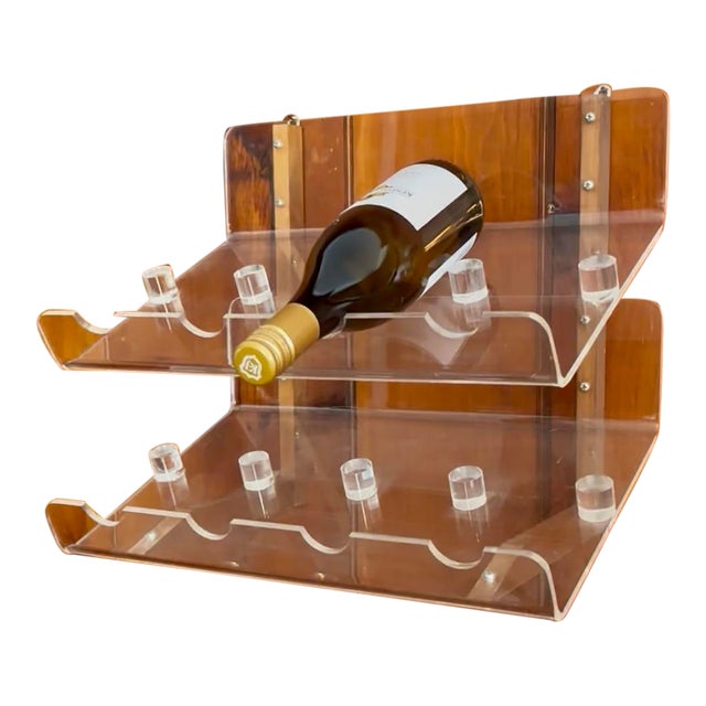 Vintage Lucite and Wood Wine Rack, 1980s Modern Minimalist 8 Bottle Bar Display For Sale