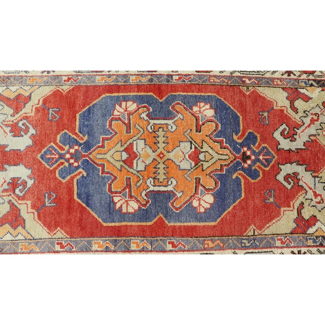 Vintage Turkish Oushak Rug With Bold Red, Indigo Blue, Saffron Gold and Ivory For Sale - Image 9 of 11