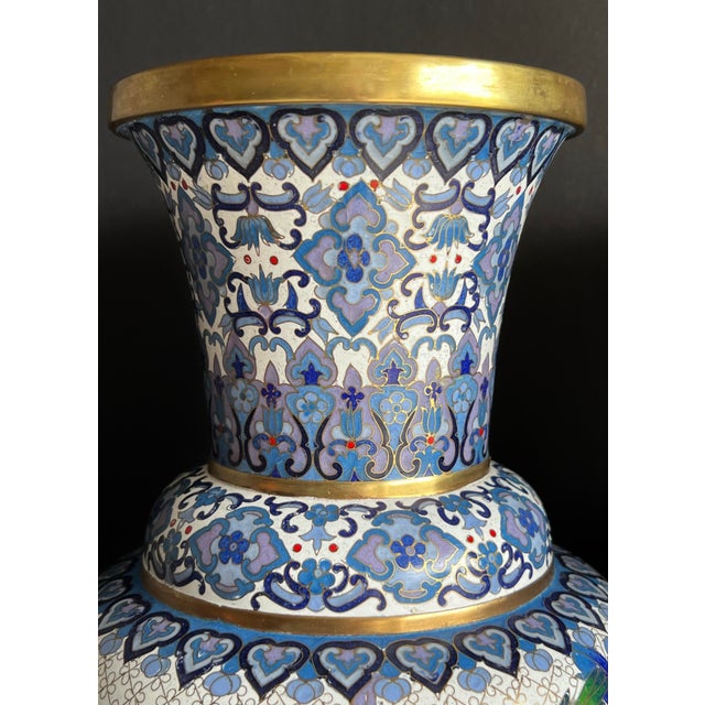 Rare Pair of Large Chinese Ming Style Blue and White Cloisonné Vases For Sale - Image 4 of 12