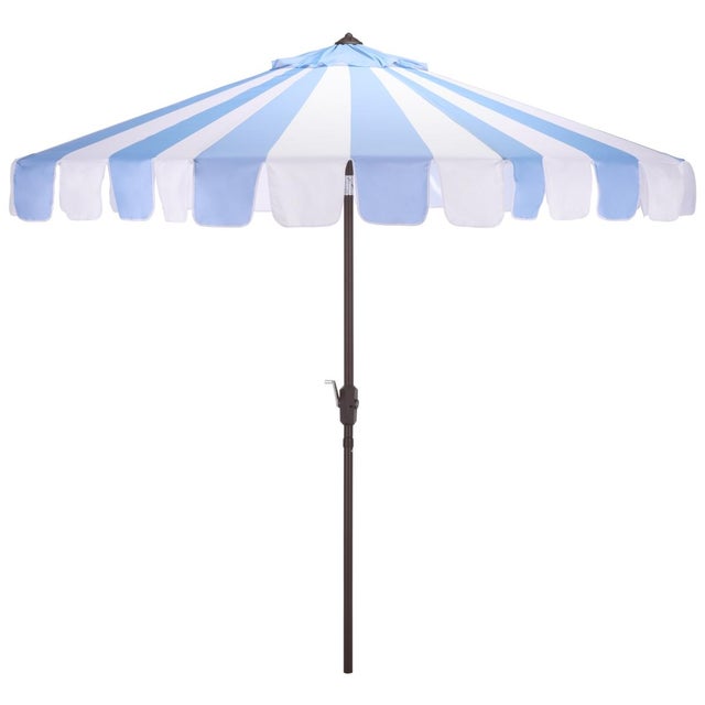 Meze 9 Ft Crank Umbrella, Baby Blue Cabana Stripe/Brown Pole For Sale - Image 9 of 9