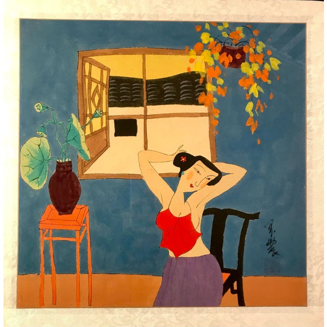 Original Watercolor Painting by Chinese Artist Zhan Yian Aprox. dimensions: Painting: 16" x 16" Frame: 19" x 19" Very good...