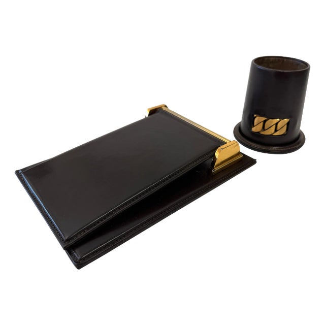 1970’s Gucci Leather Desk Set Notepad and Pen Holder - Set of 2 For Sale