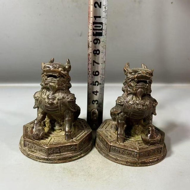 Metal Pair of Bronze Qilin Statues – 2.8" Mythical Beast Figures on Octagonal Bagua Bases For Sale - Image 7 of 8