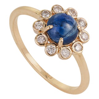 Victorian-Inspired 1.22Ct Blue Sapphire & Diamond Floral Ring in 14k Gold Size 6.5 For Sale