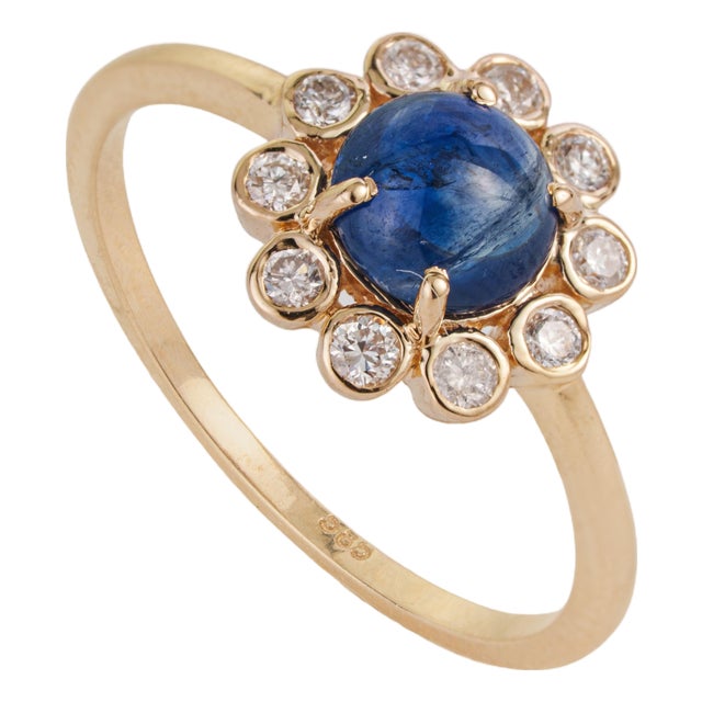 Victorian-Inspired 1.22Ct Blue Sapphire & Diamond Floral Ring in 14k Gold Size 6.5 For Sale