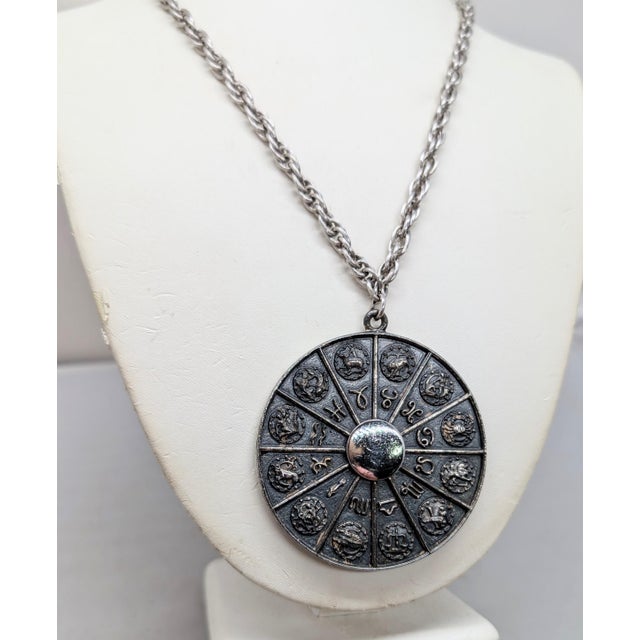 Mid-Century Modern Vintage 1970s Signed Napier Silvertone Round Horoscope Pendant Necklace For Sale - Image 3 of 18