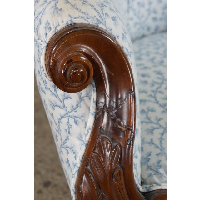 Antique Victorian Carved Walnut Spoon-Back Blue Floral Salon Armchair C. 1880s For Sale - Image 6 of 18