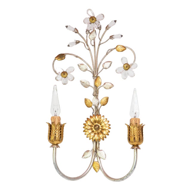 Italian Wall Light in Silver and Gold Metal with Flowers, 1980s For Sale