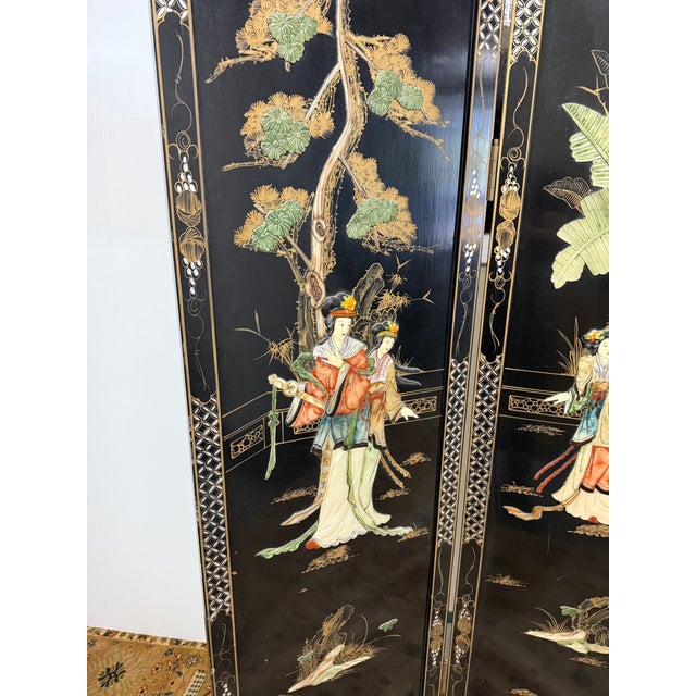 Asian Black Lacquer Four-Panel Folding Screen, Vintage For Sale - Image 13 of 16