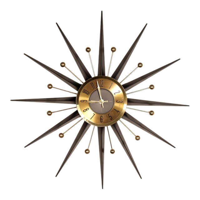 Vintage Mid Century Welby Starbust Wall Clock 50's 60's Modern Retro Gold Black For Sale