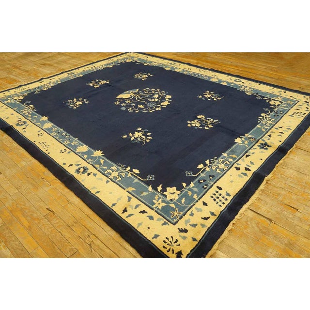 Antique 1900s Navy Chinese Peking Carpet 8'4" X 9'10" Floral Design Handmade Rug For Sale - Image 4 of 9