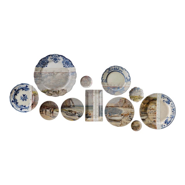 Wall Art Installation: Ceramic Plates/Oil on Canvas - "The Cliffs of Étretat" For Sale