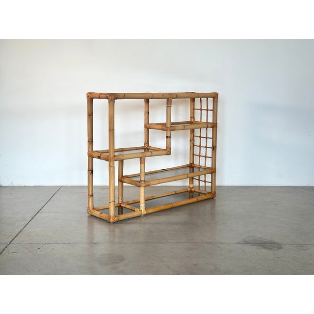 1970s bamboo bookcase with smoked glass shelves