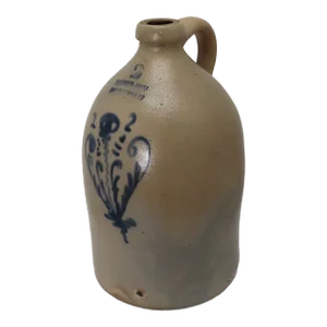 Antique 1800s American Poughkeepsie New York Blue Decorated 2 Gallon Stoneware Jug by Riedinger & Caire
