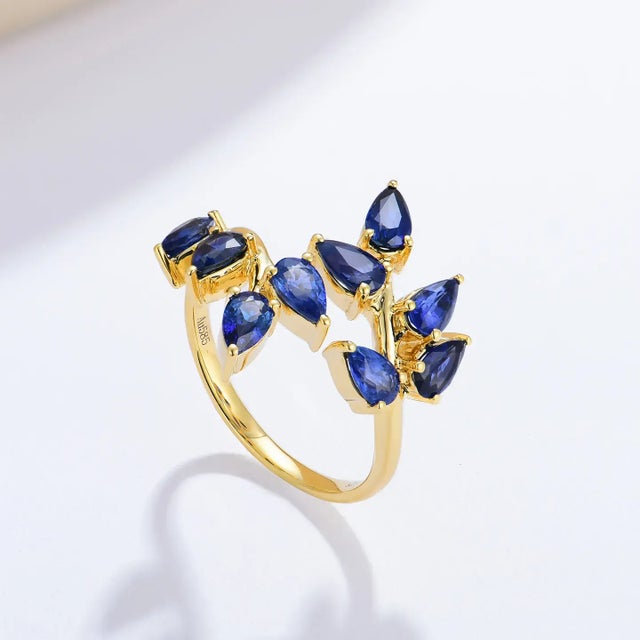 Royal Blue Nina Zhou Sapphire Branch Leaves Ring in 14k Yellow Gold, size 5.5 For Sale - Image 8 of 10
