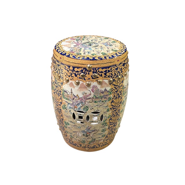 1990s Vintage Oriental Chinoiserie Western Graphic Porcelain Stool Table Ottoman For Sale - Image 5 of 9