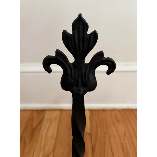 Early 21st Century Midcentury Pair of French Fleur-De-Lis Cast Iron Fireplace Andirons For Sale - Image 5 of 8