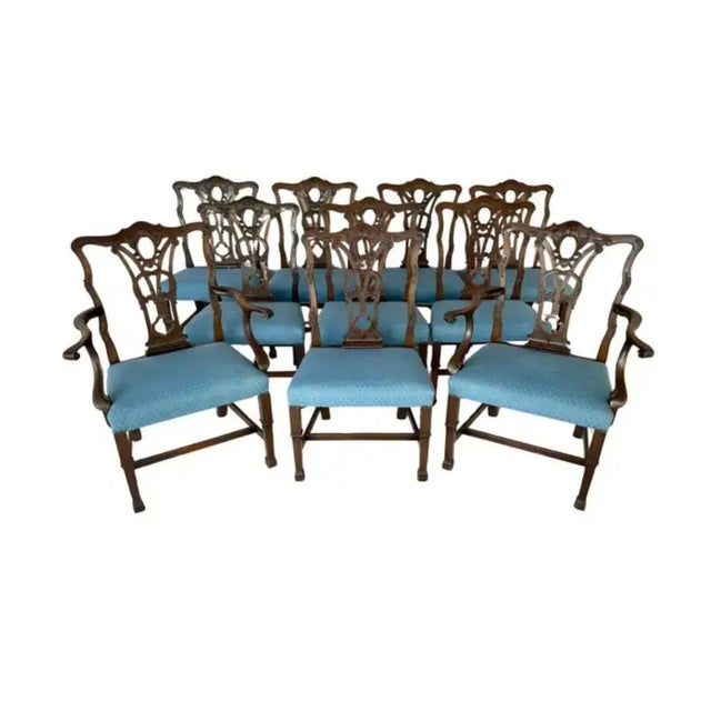 Fabulous Set of Ten Late 19th Century Georgian Chippendale Style Carved Mahogany Dining Chairs. Each chair features a...