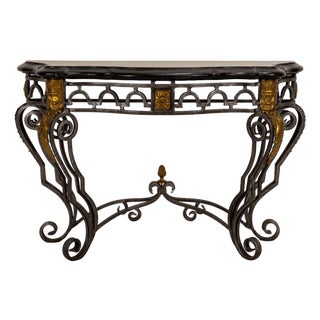 1980s Maitland Smith Tessellated Marble Console Table Wrought Iron Brass French Louis XV Style For Sale