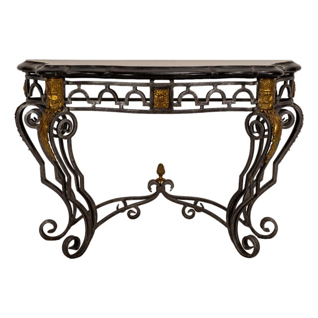 1980s Maitland Smith Tessellated Marble Console Table Wrought Iron Brass French Louis XV Style For Sale