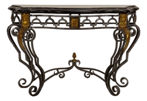 1980s Maitland Smith Tessellated Marble Console Table Wrought Iron Brass French Louis XV Style