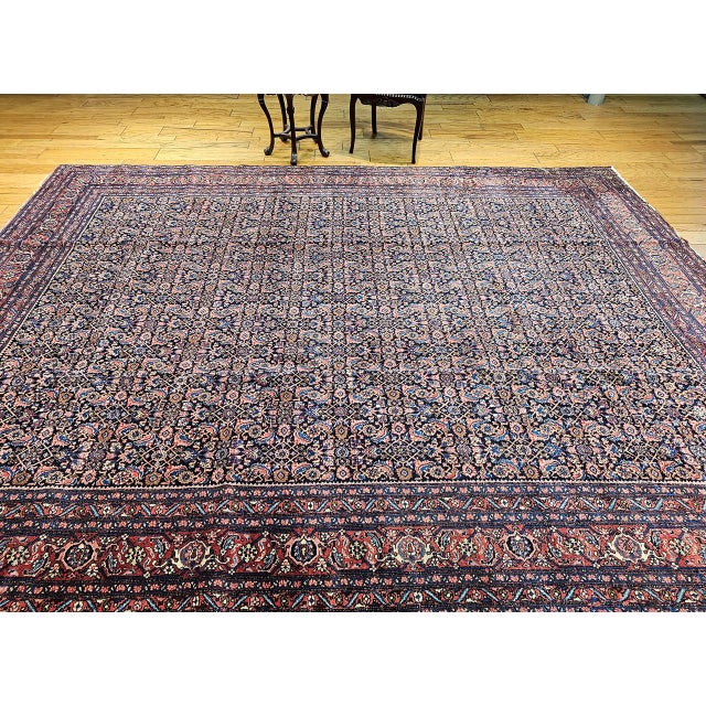 1900 - 1909 Vintage Persian Bidjar Rug, Hand-Knotted Wool, All-over Herati Geometric Pattern, Navy & Rust-Red,9x12 For Sale - Image 5 of 16