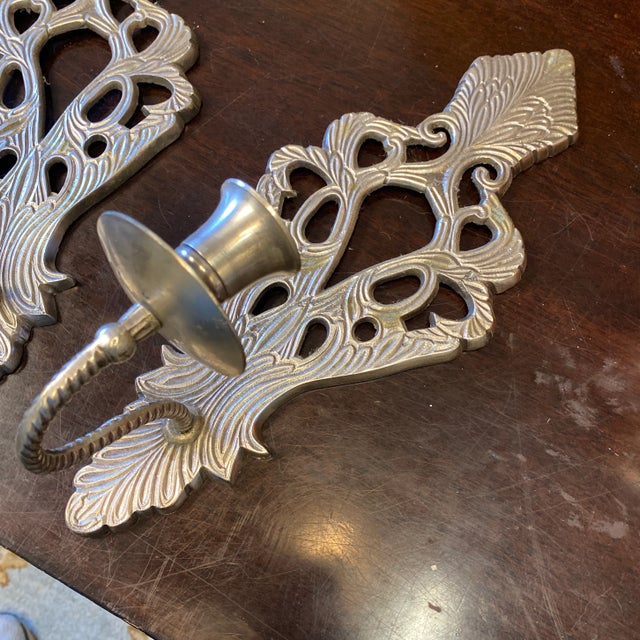 Art Nouveau 1990s Silver Acanthus Detail Candleholder Sconces - a Pair For Sale - Image 3 of 7