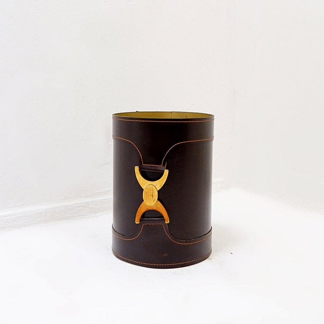 Brown Leather Wastebasket with Decorative Brass Buckle For Sale - Image 9 of 10