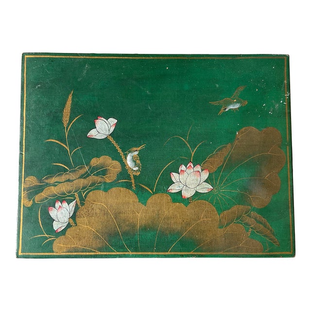 Late 19th Century Chinese Hand Painted Pigskin Wooden Box With a Design of Lily Pads and Birds For Sale