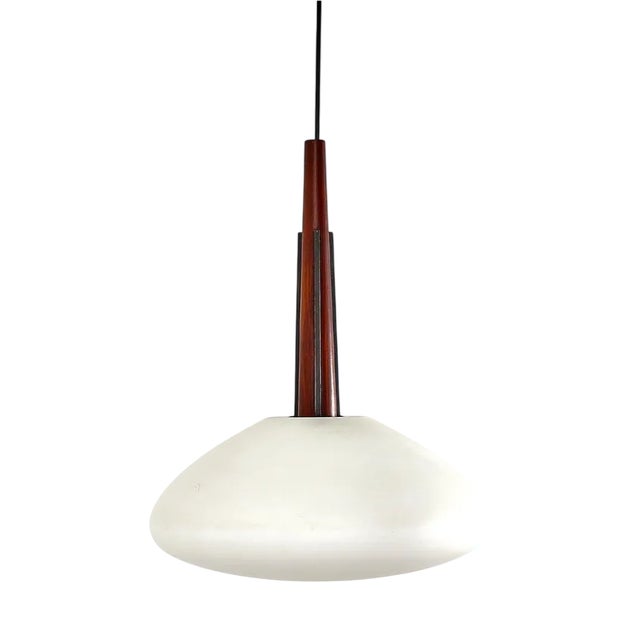Mid-Century Modern Italian Suspension Lamp in Wood and Frosted Glass, 1960s For Sale