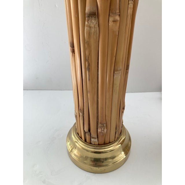 Boho Chic 1960s Pencil Reed Rattan Table Lamps With Brass Details- A Pair For Sale - Image 3 of 10